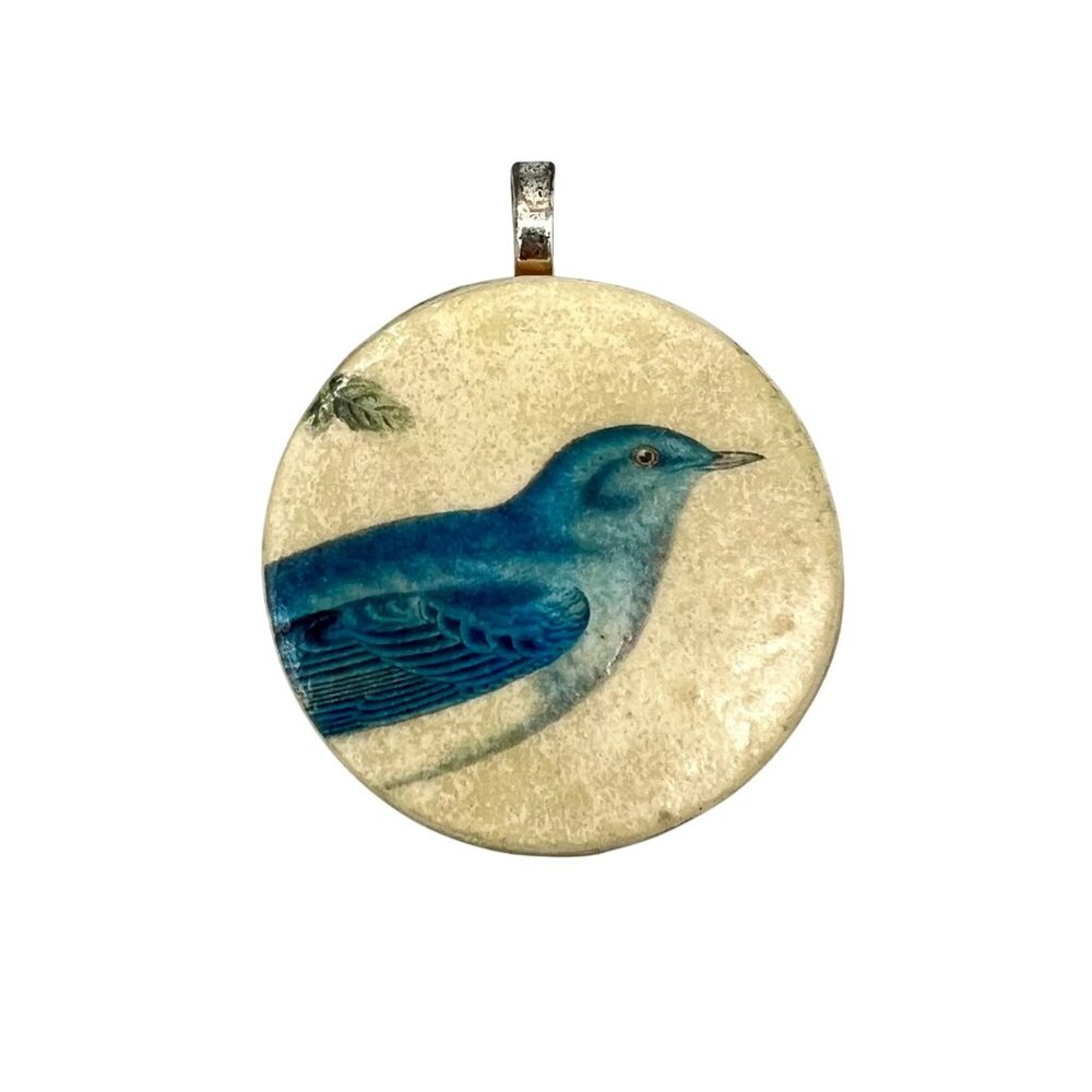 Handmade Bird-Themed Round Pendant With Bluebird Illustration & Metal Bail